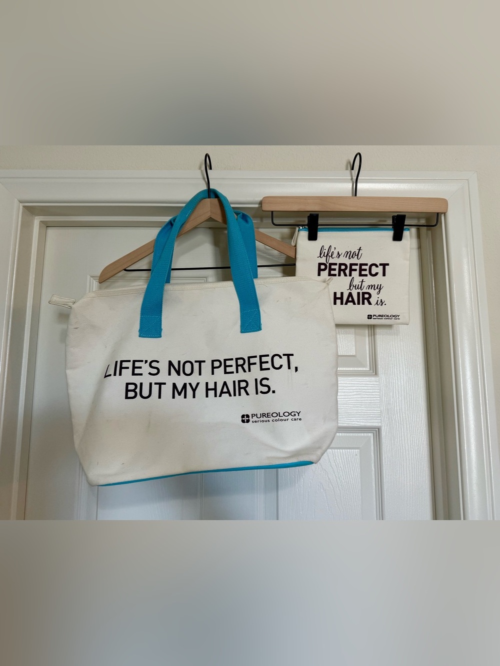 Pureology Cream Canvas Tote with Turquoise Accents
